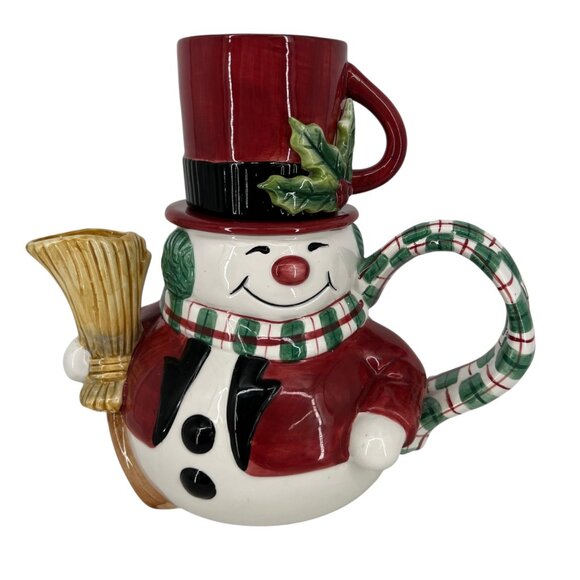 Fitz And Floyd Snack Therapy Snowman Teapot Cup Set Vintage Red Black with Box - Picture 1 of 14